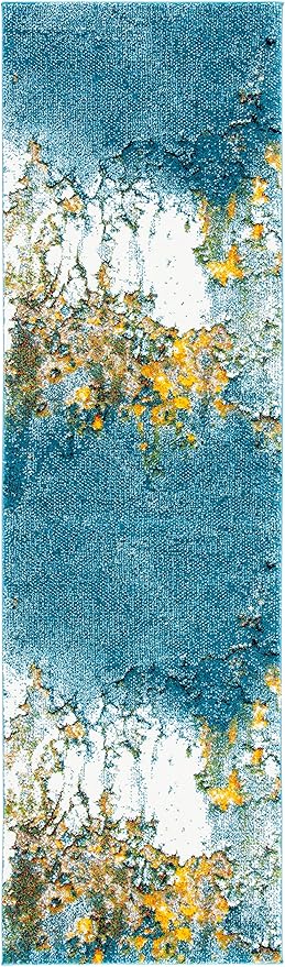 SAFAVIEH Glacier Collection 2'3" x 10' Blue/Gold GLA125M Modern Abstract Non-Shedding Living Room Entryway Foyer Hallway Bedroom Runner Rug