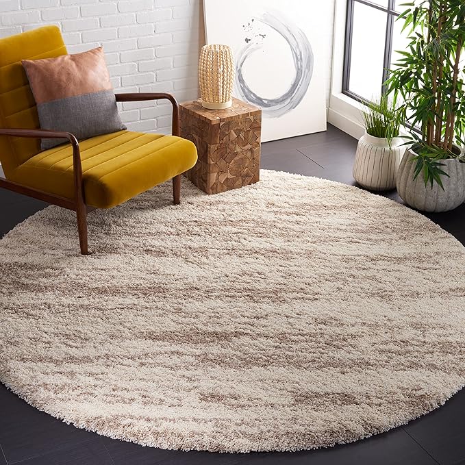 SAFAVIEH Hudson Shag Collection Area Rug - 10' Round, Ivory & Beige, Modern Abstract Design, Plush 2-inch Thick, Ideal for High Traffic Areas in Living Room, Bedroom, Dining (SGH206B-10R)
