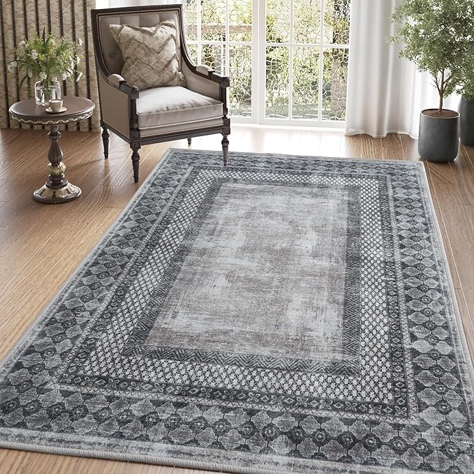 NICETOWN Machine Washable Faux Wool Rugs - 4x6 Area Rugs Ultra-Thin Carpet for Office, Study, Living Room Entryway with Non-Slip Backing, Distressed Large Carpet for Dining Room, Grey