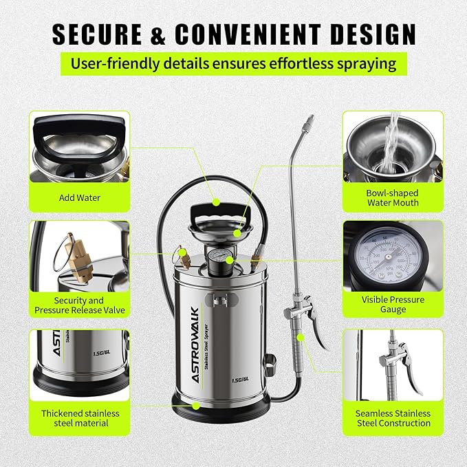 1.5 Gallon Stainless Steel Sprayer, Medium Duty & Versatile Pump Sprayer with 20" Wand & 4FT Reinforced Hose for Large Lawn, Garden, Fence & Patio, Includes Viton Seals and Gloves