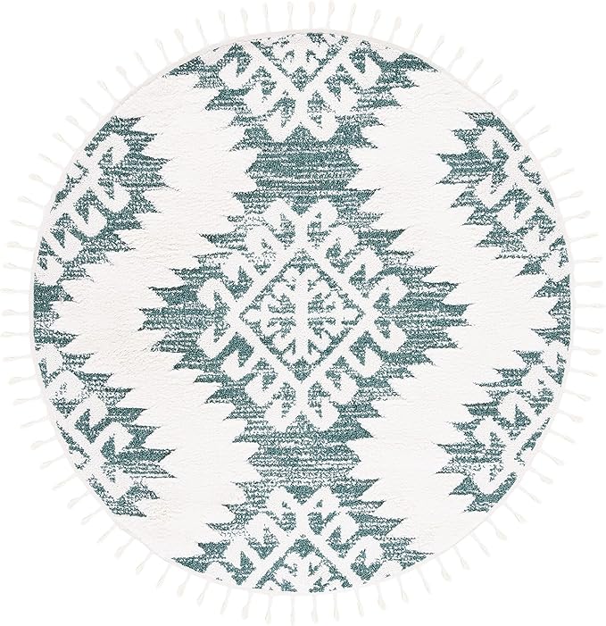 SAFAVIEH Moroccan Tassel Shag Collection Area Rug - 6'7" Round, Green & Ivory, Boho Design, Non-Shedding & Easy Care, 2-inch Thick Ideal for High Traffic Areas in Living Room, Bedroom (MTS652Y)