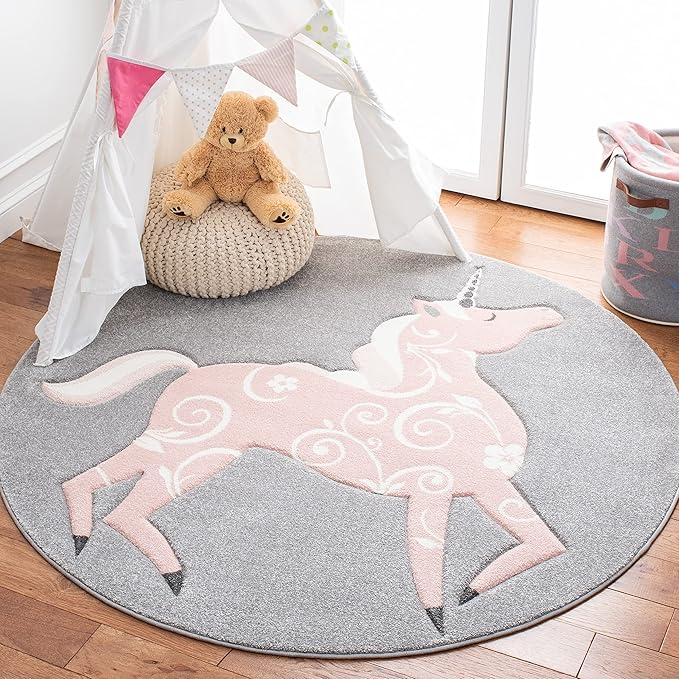 SAFAVIEH Carousel Kids Collection 6'7" Round Grey/Pink CRK163F Unicorn Non-Shedding Playroom Nursery Bedroom Area Rug