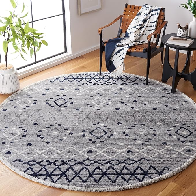 SAFAVIEH Marrakech Collection Area Rug - 6'7" Round, Grey & Navy, Moroccan Boho Tribal Rustic Design, Non-Shedding & Easy Care, Ideal for High Traffic Areas in Living Room, Bedroom (MRK612F)