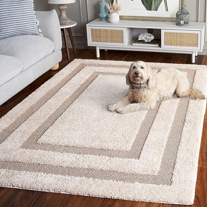 SAFAVIEH Florida Shag Collection Area Rug - 5'3" x 7'6", Beige & Dark Beige, Border Design, 1.2-inch Thick, Ideal for The Living Room, Dining, Bedroom (SG454)
