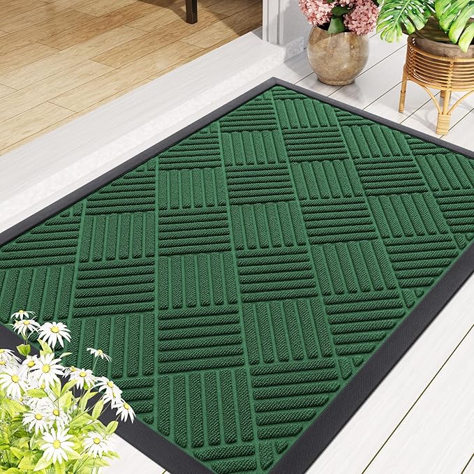 Smiry Front Door Mat Outside Entrance, Heavy Duty Outdoor Indoor Natural Rubber Doormat, Non Slip, Trap Dirt and Moisture, Easy Clean, Low Profile Patio Porch Entryway Mat, 29.5x17, Green