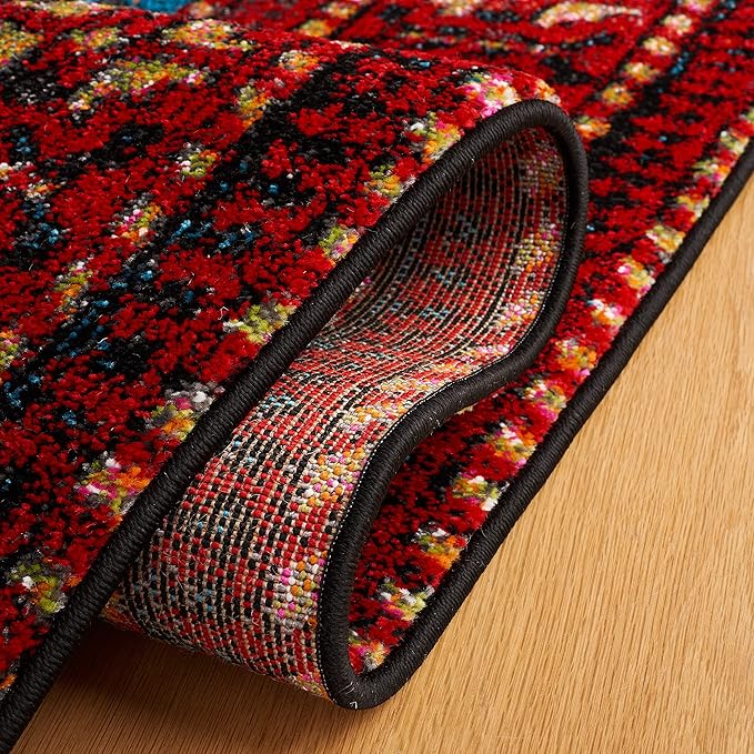 SAFAVIEH Vintage Hamadan Collection Area Rug - 6'7" x 9', Red & Blue, Geometric Design, Ideal for High Traffic Areas in Living Room, Bedroom & Dining Room (VTH213Q-6)