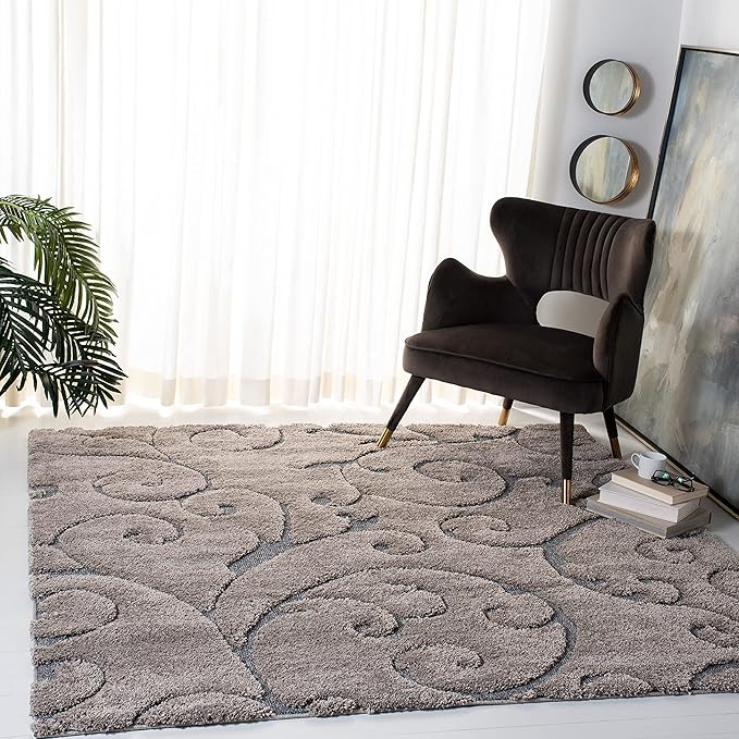 SAFAVIEH Florida Shag Collection Area Rug - 5' Square, Grey & Light Blue, Scroll Design, Non-Shedding & Easy to Clean, High-Low Plush Pile, Ideal for Living Room, Bedroom, Dining Space (SG455-1160)
