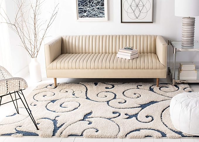 SAFAVIEH Florida Shag Collection Accent Rug - 4' x 6', Cream & Blue, Scroll Design, Non-Shedding & Easy Care, High-Low Plush Pile, Ideal for Living Room, Bedroom, Dining Space (SG455-1165)