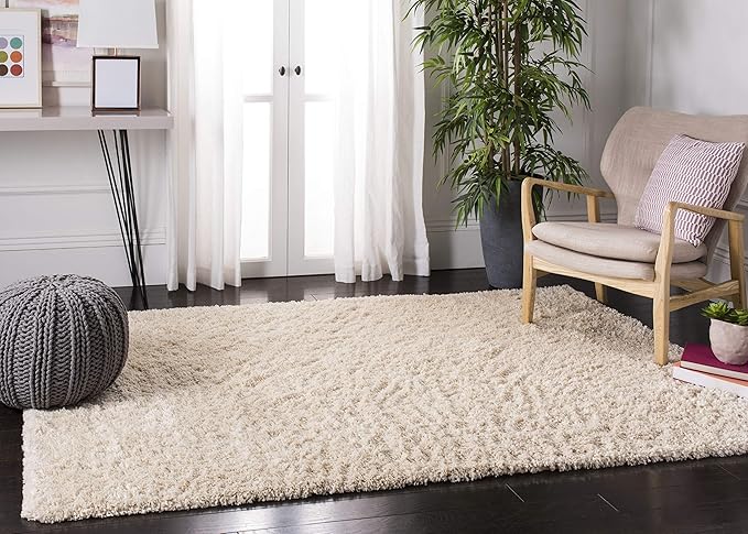 SAFAVIEH Fontana Shag Collection Area Rug - 5'3" x 7'6", Creme, Solid Design, Non-Shedding & Easy Care, 2-inch Thick Ideal for High Traffic Areas in Living Room, Bedroom (FNT800B)