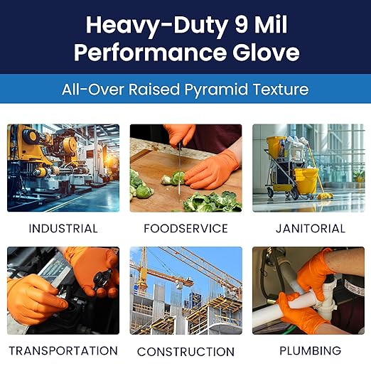 Adenna ProWorks CATCH Disposable Nitrile Gloves – 9 Mil, Heavy Duty Work Rubber Glove with Raised Pyramid Grip, Non–Latex & Powder Free, Case of 1000, Medium, Orange