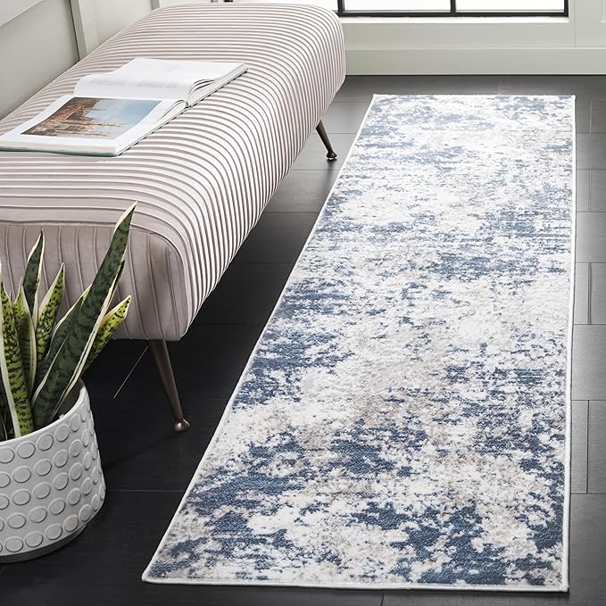 SAFAVIEH Amelia Collection Runner Rug - 2'2" x 14', Dark Blue & Grey, Non-Shedding & Easy to Clean, Ideal for Bedroom, Hallway, Foyer, Kitchen, Entryway (ALA705M)
