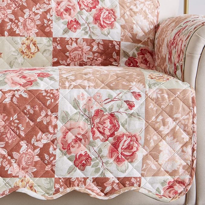 Great Bay Home Reversible Floral Patchwork Furniture Protector - Machine Washable, Scalloped Edge, Stain Resistant, Printed Furniture Cover for Dogs, Kids, and Pets (Loveseat, Burgundy/Taupe)