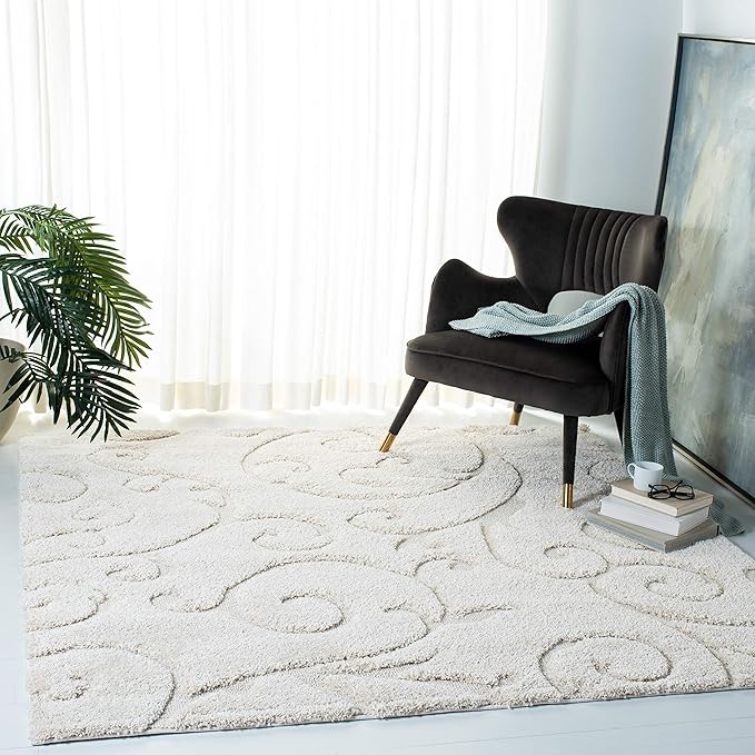 SAFAVIEH Florida Shag Collection Area Rug - 4' Square, Cream & Cream, Scroll Design, Non-Shedding & Easy to Clean, High-Low Plush Pile, Ideal for Living Room, Bedroom, Dining Space (SG455-1111)