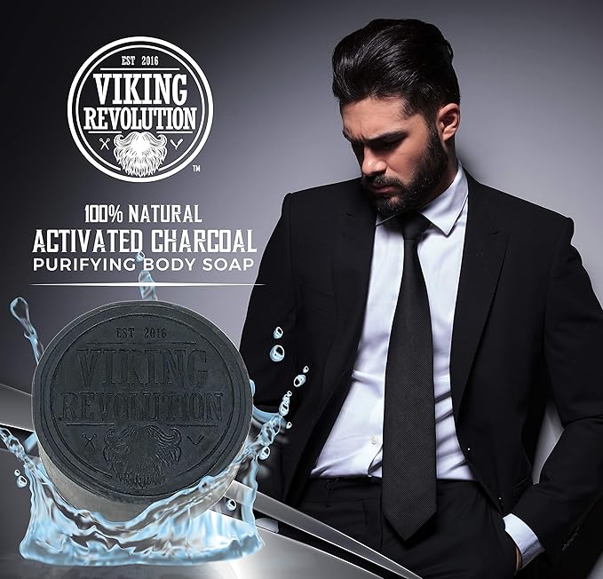Viking Revolution Soap Bag (5.9"x3.7", 1 Piece) and Skin Cleaning Activated Charcoal Soap for Men, Peppermint & Eucalyptus Scent with Dead Sea Mud (6 Oz) - Body and Face Cleanser