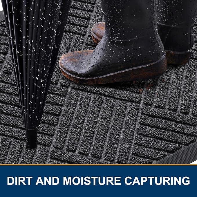 Smiry Front Door Mat Outside Entrance, Heavy Duty Outdoor Indoor Mat, Natural Rubber Doormat, Non Slip, Trap Dirt and Moisture, Easy Clean, Low Profile Patio Porch Entryway Mat, 29.5x17, Black Grey