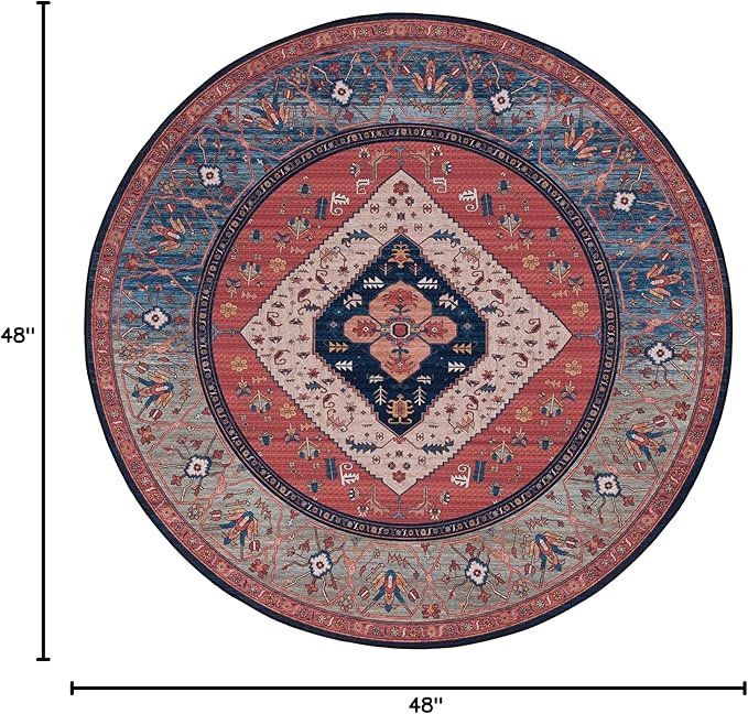 SAFAVIEH Washable Rug Tucson Collection - 4' Round, Rust & Blue, Slip Resistant & Easy to Clean, Ideal for Foyer, Kitchen, Nursery, Office, Bedroom (TSN153P)