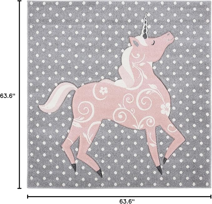 SAFAVIEH Carousel Kids Collection Area Rug - 5'3" Square, Grey & Ivory & Pink, Non-Shedding & Easy Care, Ideal for High Traffic Areas for Boys & Girls in Playroom, Nursery, Bedroom (CRK163G)