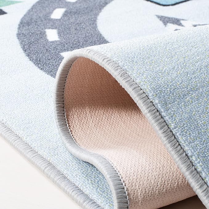 SAFAVIEH Washable Rug Kids Playhouse Collection - 5' Square, Grey & Blue, Slip Resistant & Easy to Clean, Ideal for Kids Room, Playroom, Nursery, Boys & Girls Room (KPH226F)