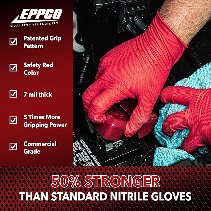 EPPCO Grease Bully 7-Mil Red Nitrile Gloves Disposable Powder Free, Latex Free Textured Superior Grip Glove, Singles