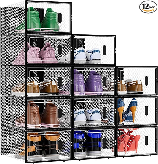 BALEINE 12 Pack Stackable Shoe Storage Boxes Fit Size 9, Thickened Clear Shoe Box Bins with Lids, Plastic Foldable Organizer Sneaker Storage Containers (Large, Black)