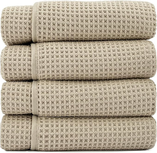 S&T INC. Aura Microfiber Waffle Bath Towels, 4 Pack, Quick-Dry, Ultra Absorbent, Lightweight Towels for Bathroom, Gym, Travel and Beach, 30 inches x 60 inches, 420GSM, Beige