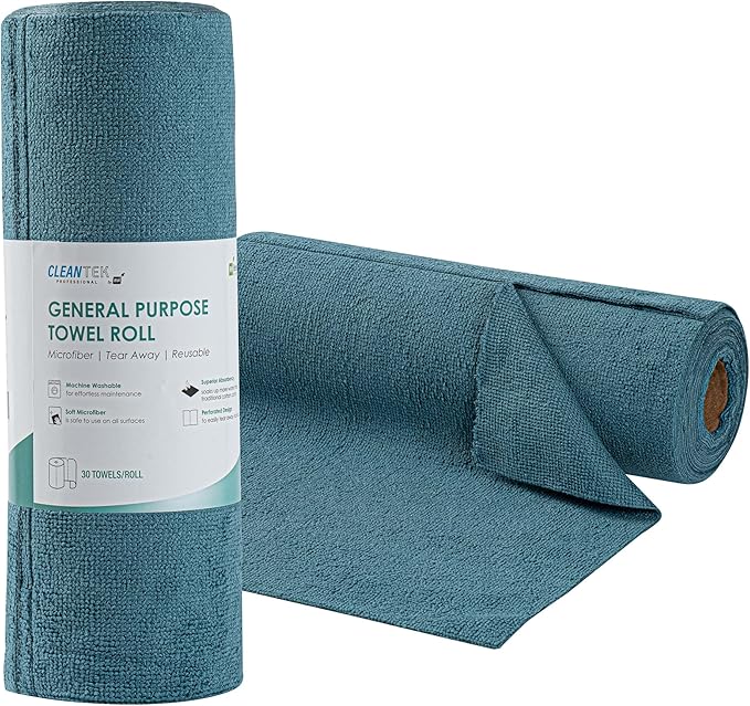 Restaurantware-Clean Tek Professional 11.8 x 11.8 Inch Microfiber Towel Rolls, 300 Reusable Towel Rolls - Tear Away, Perforated, Teal Microfiber Cleaning Roll, For All The Cleaning Tasks