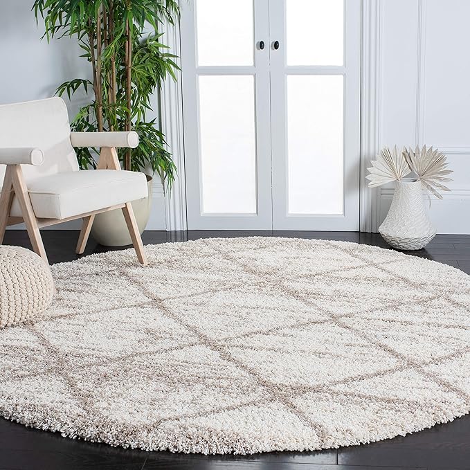 SAFAVIEH Hudson Shag Collection Area Rug - 4' Round, Multi Ivory & Beige, Modern Trellis Design, Non-Shedding & Easy Care, 2-inch Thick Ideal for High Traffic Areas in Living Room, Bedroom (SGH281H)
