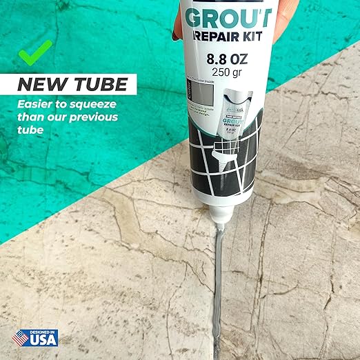 Pentausa Premixed Acrylic Sanded Tile Grout Repair Kit - Ready to Use Grout Renew Filler for Bathroom, Shower, & Kitchen Tile with Grout Removal Tool, Applicator & Sponge, (8.8 Oz - 250gr) (Grey)