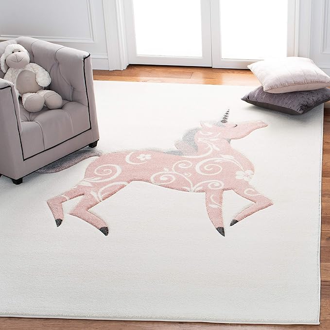 SAFAVIEH Carousel Kids Collection Accent Rug - 4' x 6', Ivory & Pink, Non-Shedding & Easy Care, Ideal for High Traffic Areas for Boys & Girls in Playroom, Nursery, Bedroom (CRK163A)