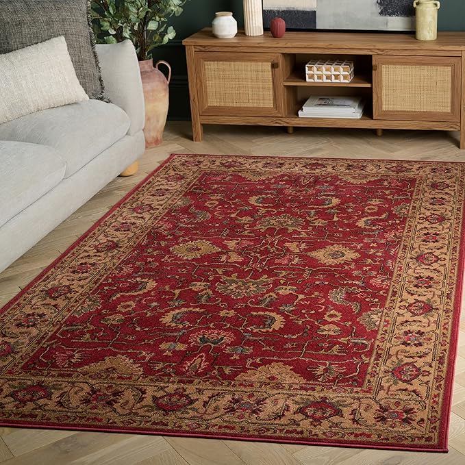 SAFAVIEH Mahal Collection Accent Rug - 4' x 5'7", Red & Beige, Traditional Oriental Design, Non-Shedding & Easy Care, Ideal for High Traffic Areas in Entryway, Living Room, Bedroom (MAH693Q)
