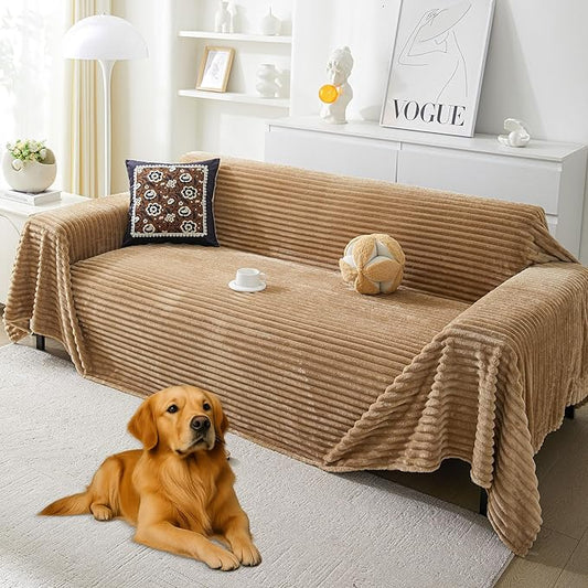 HAOMAIJIA Faux Fur Sofa Covers Couch Covers for 3 Cushion Couch Sofa Pet Friendly Soft Non Slip Couch Cover for Dogs Washable Sectional Couch Covers L Shape Furniture Protector (Khaki, 91"x150")