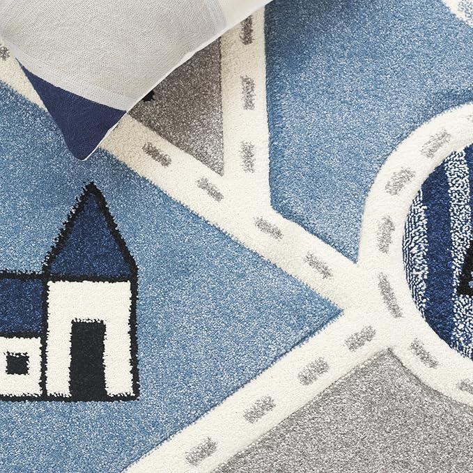 SAFAVIEH Carousel Kids Collection Area Rug - 6'7" Square, Grey/Blue, Geometric Design, Ideal for High Traffic Areas in Living Room, Bedroom, Dining (CRK193M)