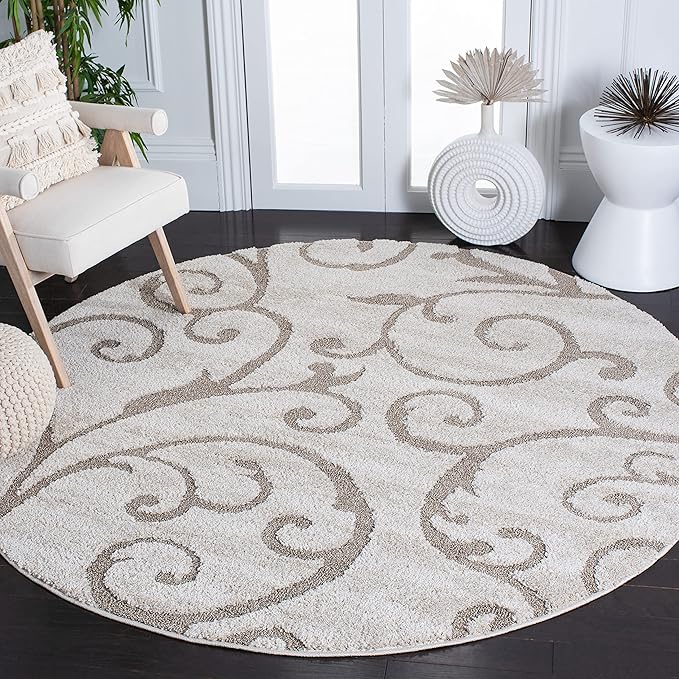 SAFAVIEH Florida Shag Collection Area Rug - 6'7" Round, Ivory & Beige, Scroll Design, Non-Shedding & Easy to Clean, High-Low Plush Pile, Ideal for Living Room, Bedroom, Dining Space (SG455-13LT)