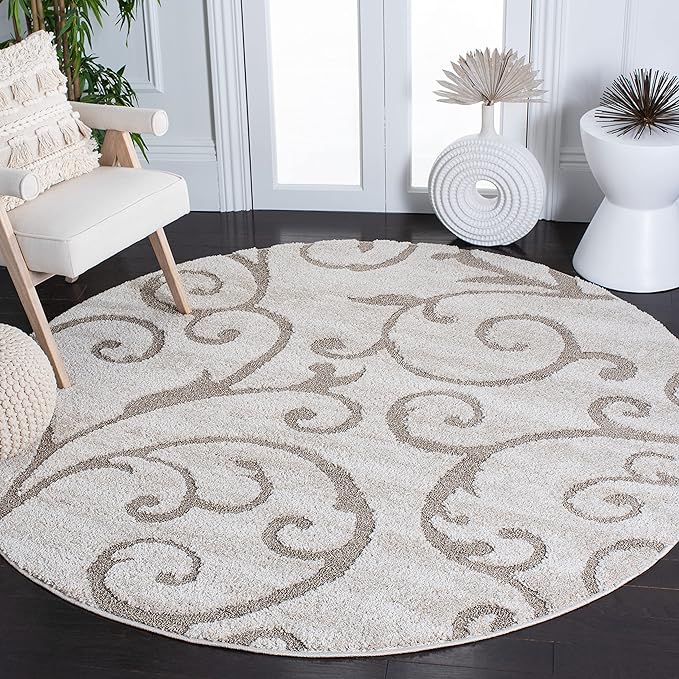 SAFAVIEH Florida Shag Collection Area Rug - 9' Round, Ivory & Beige, Scroll Design, Non-Shedding & Easy to Clean, High-Low Plush Pile, Ideal for Living Room, Bedroom, Dining Space (SG455-13LT)