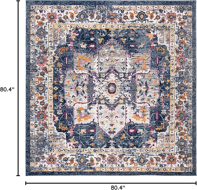 SAFAVIEH Evoke Collection Area Rug - 6'7" Square, Navy & Grey, Oriental Medallion Distressed Design, Non-Shedding & Easy Care, Ideal for High Traffic Areas in Living Room, Bedroom (EVK275N)