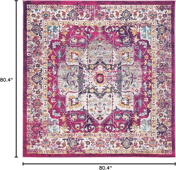 SAFAVIEH Evoke Collection Area Rug - 6'7" Square, Fuchsia & Ivory, Oriental Medallion Distressed Design, Non-Shedding & Easy Care, Ideal for High Traffic Areas in Living Room, Bedroom (EVK275R)