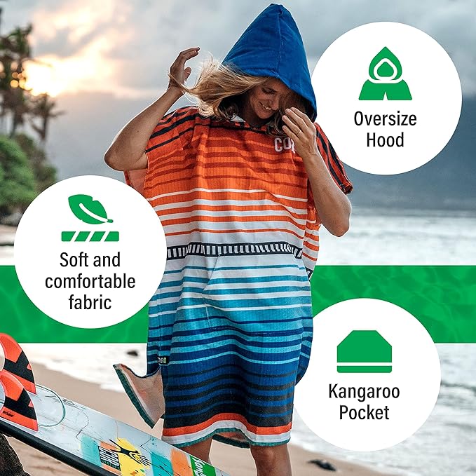 COR Surf Poncho Changing Towel Robe with Hood and Front Pocket | Thick Quick Dry Microfiber Wetsuit Poncho Towel for Surfing Beach Pool Swim (Large - Retro Sand)