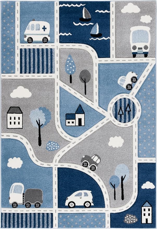 SAFAVIEH Carousel Kids Collection Area Rug - 4' x 6', Grey/Blue, Geometric Design, Ideal for High Traffic Areas in Living Room, Bedroom, Dining (CRK193M)