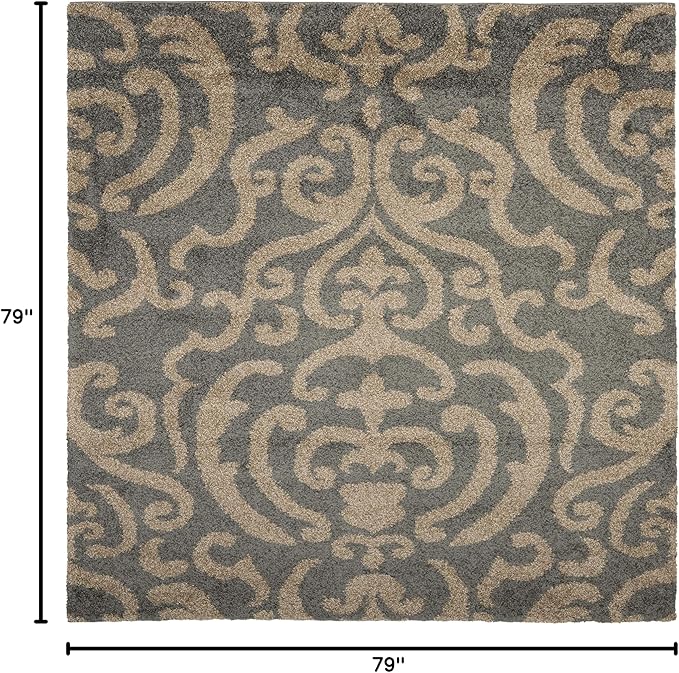 SAFAVIEH Florida Shag Collection Area Rug - 6'7" Square, Grey & Beige, Damask Design, Non-Shedding & Easy Care, 1.2-inch Thick Ideal for High Traffic Areas in Living Room, Bedroom (SG462-8013)
