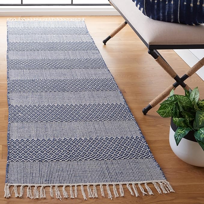 SAFAVIEH Montauk Collection Runner Rug - 2'3" x 22', Ivory & Navy, Handmade Flat Weave Boho Farmhouse Cotton Tassel Fringe, Ideal for High Traffic Areas in Living Room, Bedroom (MTK330B)