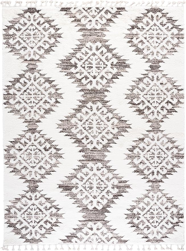 SAFAVIEH Moroccan Tassel Shag Collection X-Large Area Rug - 11' x 15', Ivory & Brown, Boho Design, Non-Shedding & Easy Care, 2-inch Thick Ideal for High Traffic Areas in Living Room, Bedroom (MTS652A)