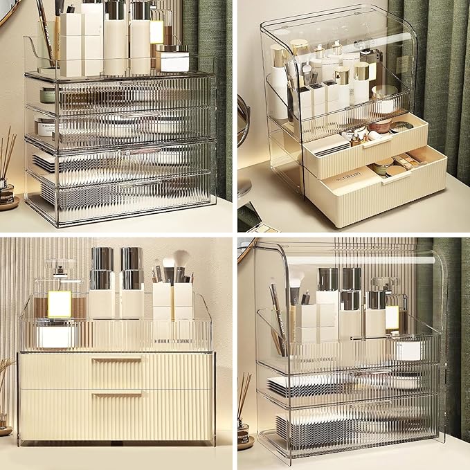 DASITON Cream Cover Dustproof Three layers Storage Box,Makeup Brush Holder,Large Capacity Desktop Storage Box with Drawer,for Beauty Products,Perfume,Jewelry,Nail Polish