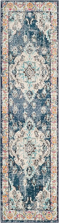 SAFAVIEH Monaco Collection Runner Rug - 2'2" x 8', Navy & Light Blue, Non-Shedding & Easy to Clean, Distressed Medallion Design, Ideal for Hallway, Foyer, Entryway, Kitchen, Bedroom (MNC243N)