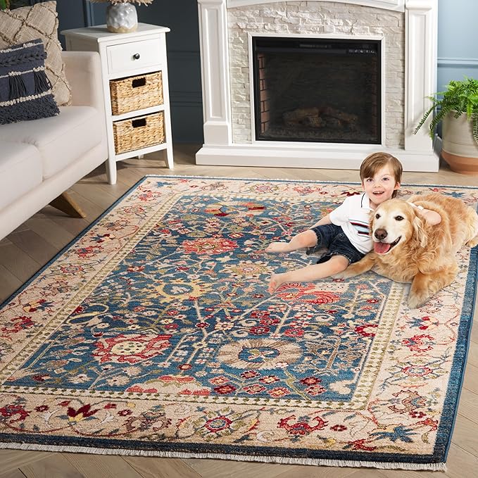 SAFAVIEH Kashan Collection Area Rug - 6'7" Round, Blue & Tan, Geometric Design, Ideal for High Traffic Areas in Living Room, Bedroom & Dining Room (KSN303G-7R)