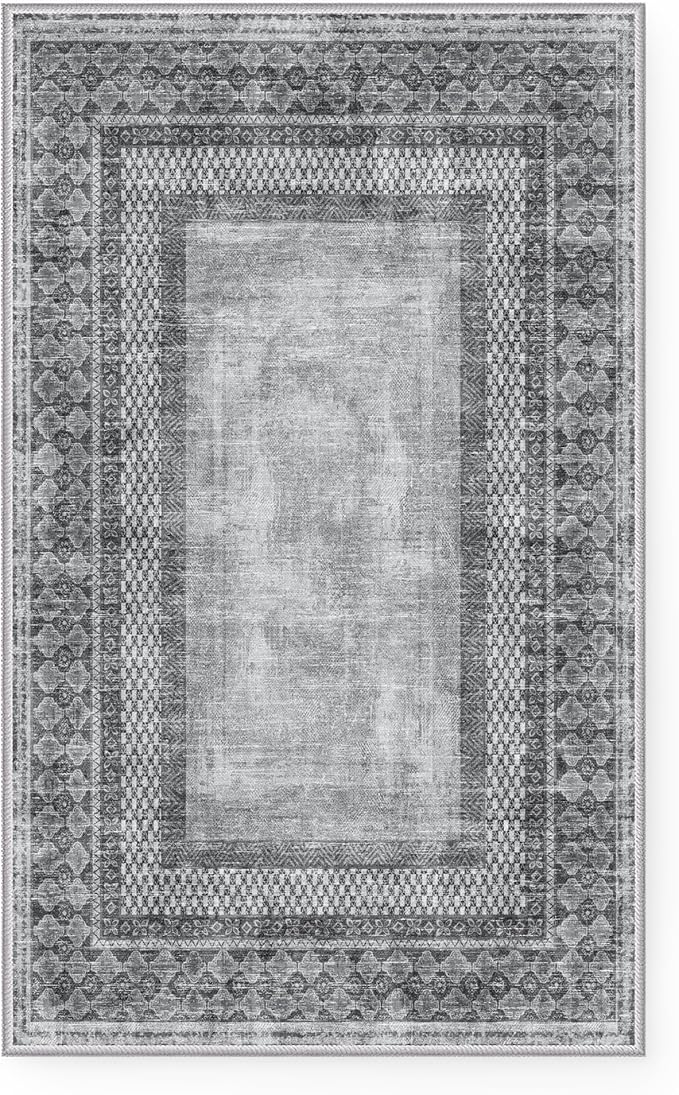 NICETOWN Living Room Rugs 5x8, Thin Washable Vintage Non-Slip Area Rugs for Bedroom, Durable Soft for Dining Room Living Room Laundry, Grey