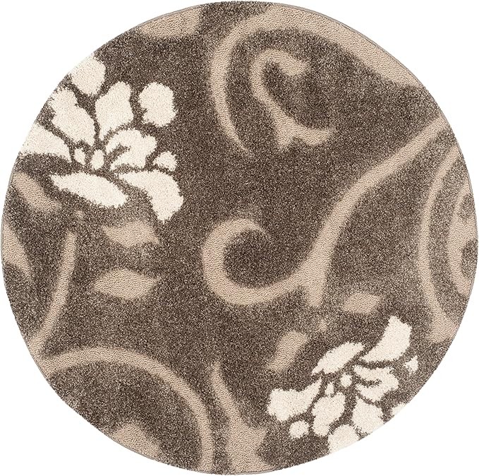 SAFAVIEH Florida Shag Collection Area Rug - 4' Round, Smoke & Beige, Floral Design, Non-Shedding & Easy Care, 1.2-inch Thick Ideal for High Traffic Areas in Living Room, Bedroom (SG464-7913)