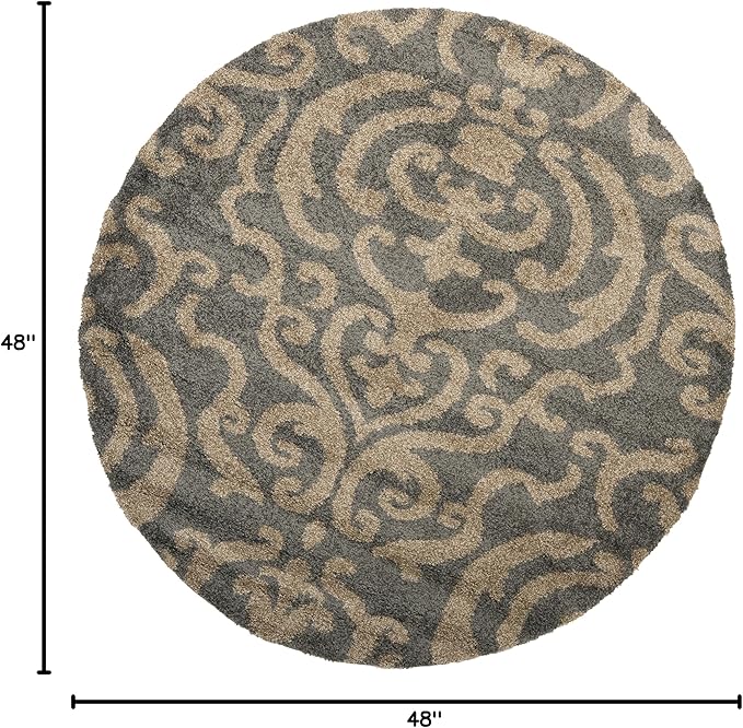SAFAVIEH Florida Shag Collection 4' Round Grey/Beige SG462 Damask Non-Shedding Living Room Bedroom Dining Room Entryway Plush 1.2-inch Thick Area Rug