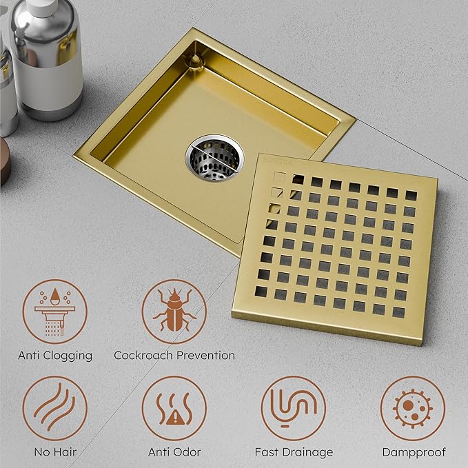4 Inch Gold Square Shower Drain Kit with Flange,Modern Floor Drain with Removable Quadrato Pattern Grate,Stainless Steel SUS 304