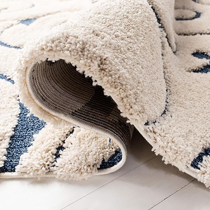 SAFAVIEH Florida Shag Collection Accent Rug - 4' x 6', Cream & Blue, Scroll Design, Non-Shedding & Easy Care, High-Low Plush Pile, Ideal for Living Room, Bedroom, Dining Space (SG455-1165)