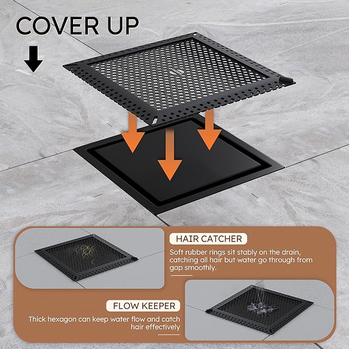6 Inch Square Black Shower Drain with Flange,Modern Floor Drain with 2-in-1 Cover Tiled Insert Grate,SUS 304 Stainless Steel